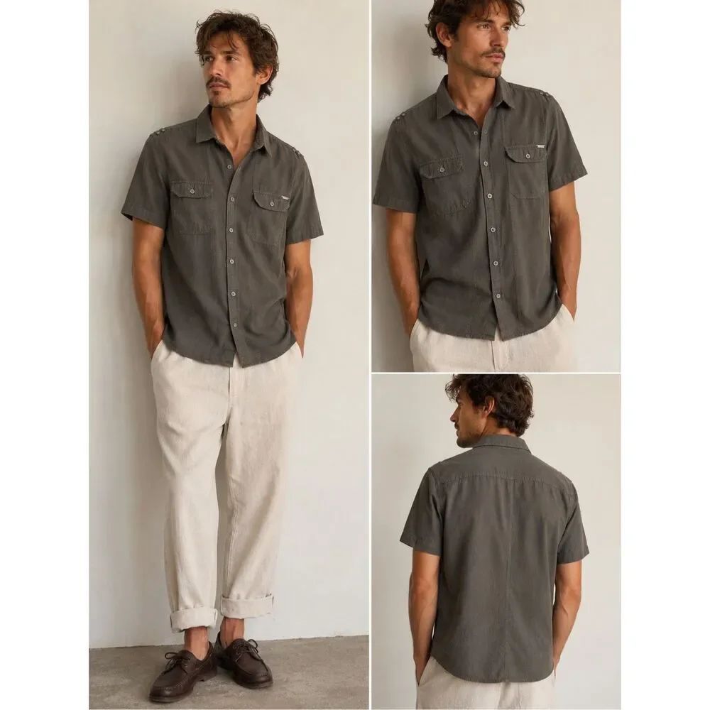 Guess Mens Olive Slim Fit Short Sleeve Utility Button Up Shirt Cotton Small